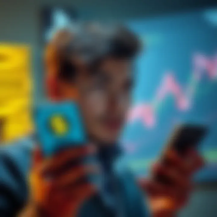 A person looking frustrated while checking their mining app on a smartphone with a dollar sign icon and a chart showing declining values in the background.