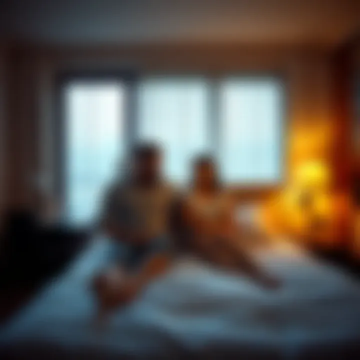 A couple sits on a bed in a dimly lit hotel room, looking unhappy and frustrated during their anniversary trip in London.