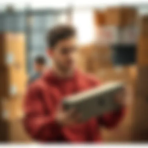 A frustrated customer holding an empty package while looking at their phone, surrounded by delivery boxes, symbolizing a delivery dispute
