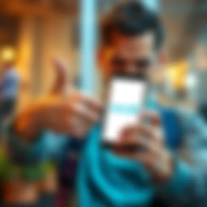 A frustrated customer showing a thumbs down while holding a smartphone with Revolut logo on the screen