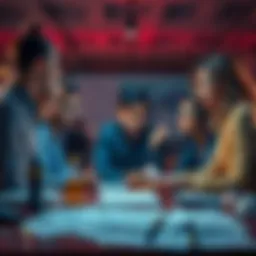 A group of people looking concerned and discussing around a table with project documents scattered