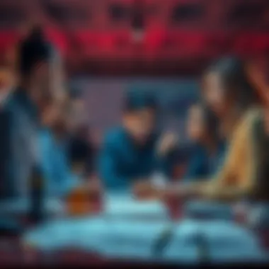 A group of people looking concerned and discussing around a table with project documents scattered