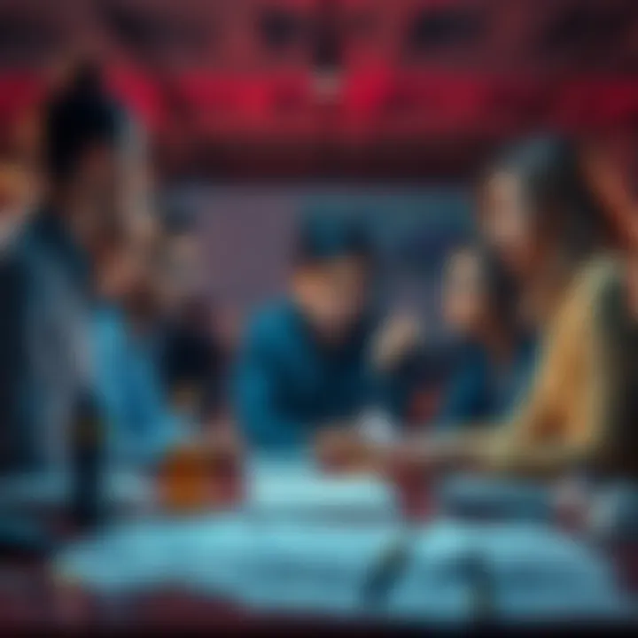 A group of people looking concerned and discussing around a table with project documents scattered