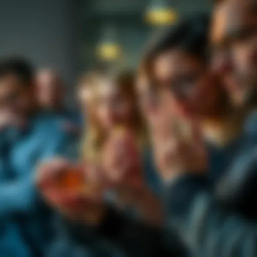 A group of people expressing disappointment while examining bid tokens in their hands