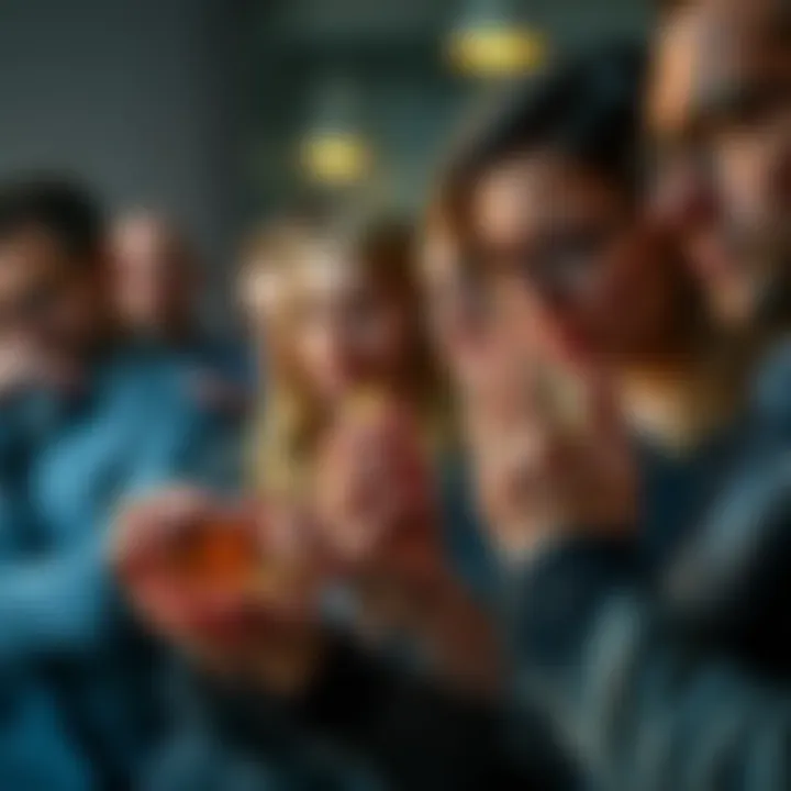 A group of people expressing disappointment while examining bid tokens in their hands
