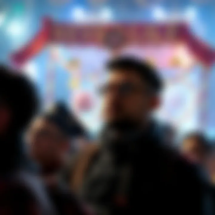 A crowd of people looking disappointed after an event, with a festive banner in the background