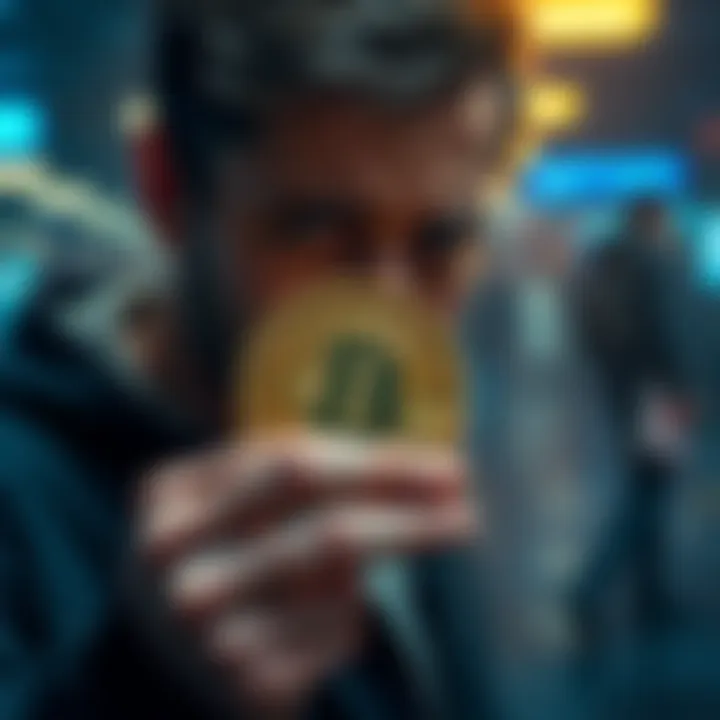 The Disassociating Reality of Pi Network Coin A crypto investor holding a Pi Network Coin with a look of disappointment and confusion, reflecting on their investment journey.