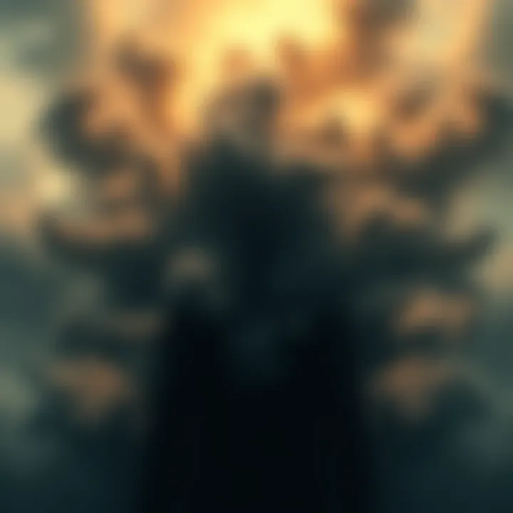 A shadowy figure surrounded by swirling dark clouds, representing negative emotions and discontent