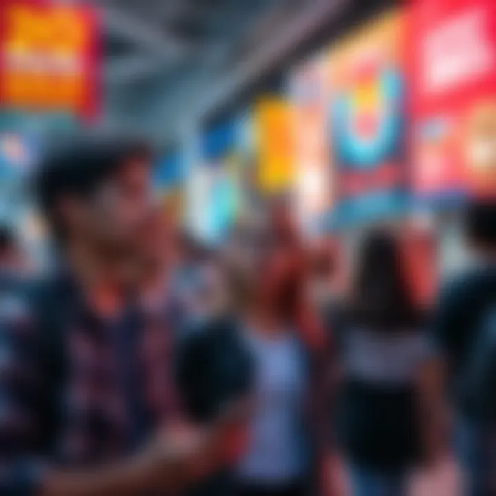 Young people looking for deals on premium subscriptions, with promotional banners in the background.