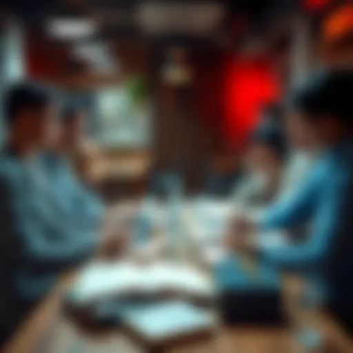 A group of people engaging in a lively discussion about misconceptions, with books and notes scattered around the table.