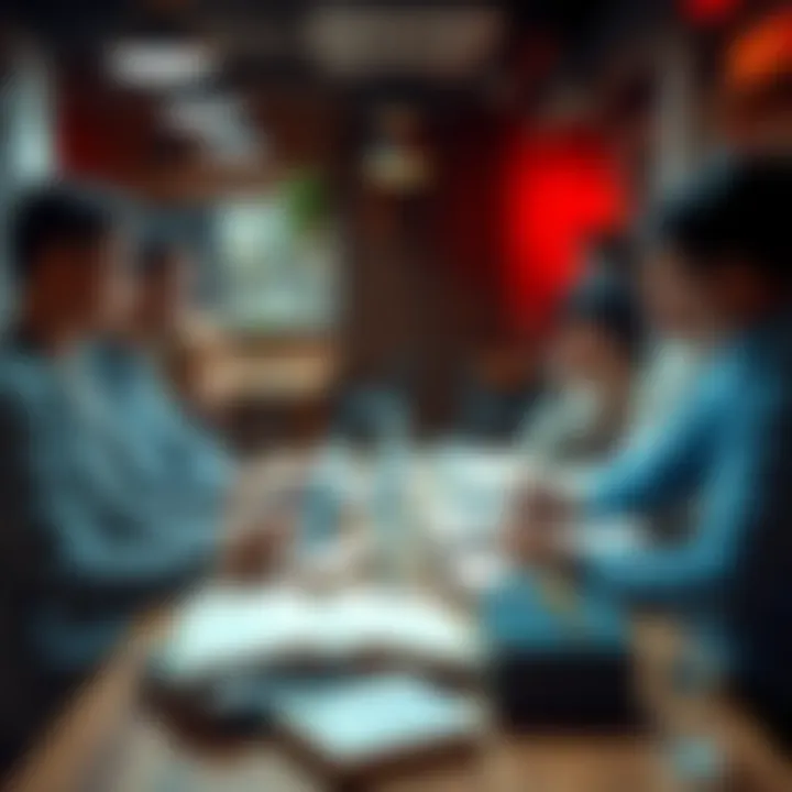 A group of people engaging in a lively discussion about misconceptions, with books and notes scattered around the table.