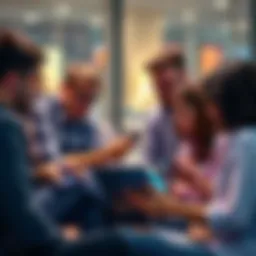 A group of people discussing Bip 110 with laptops and smartphones in a casual setting.