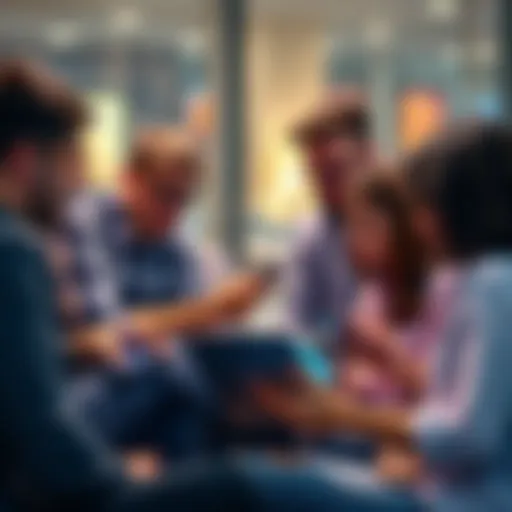 A group of people discussing Bip 110 with laptops and smartphones in a casual setting.