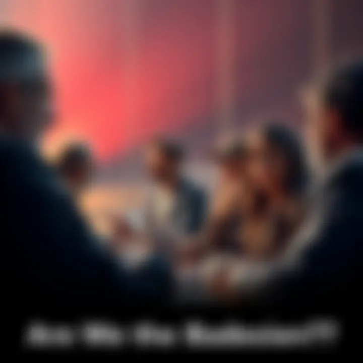 A group of people engaging in a debate about the phrase 'Are we the baddies?' with various expressions of curiosity and concern.