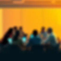 Group of people brainstorming around a table with laptops, discussing Bitcoin's creation, suggesting a team effort behind the technology.