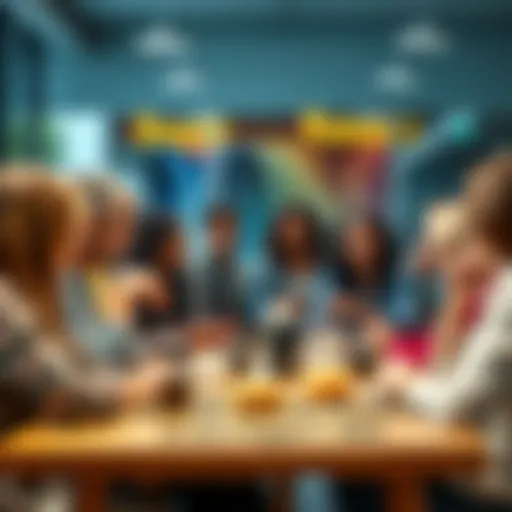 A diverse group of people engaging in a lively discussion around a table with coffee and donuts