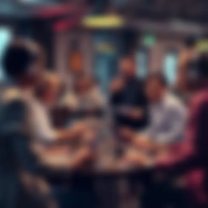 People engaged in a conversation about combating misinformation in technology and finance, with laptops and notepads present.