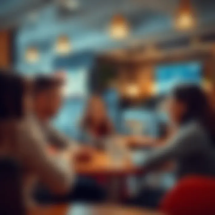 Discussion on New Trend Group of people engaging in a lively discussion about a new trend at a cafรฉ