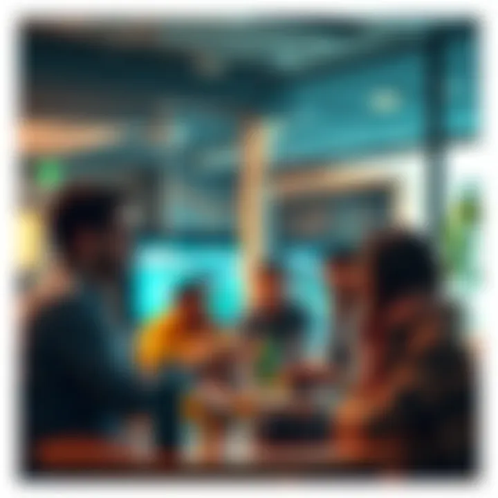 A group of people engaging in a lively discussion about trading strategies and current events in a casual setting.