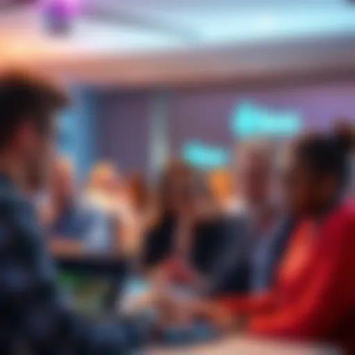 People engaging in conversation in an online forum setting, sharing ideas and experiences.