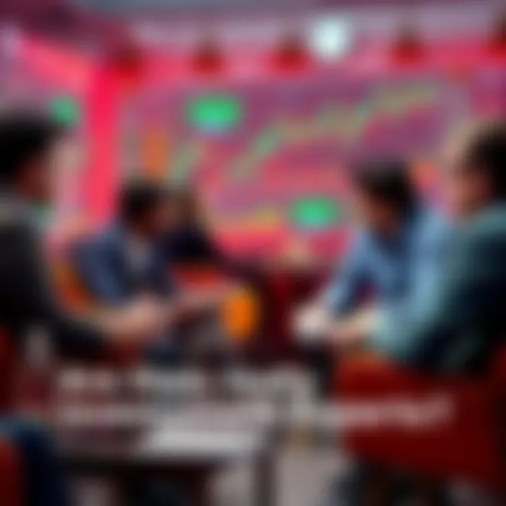 A group of people debating investment strategies in a casual setting, surrounded by charts and graphs of fluctuating markets.