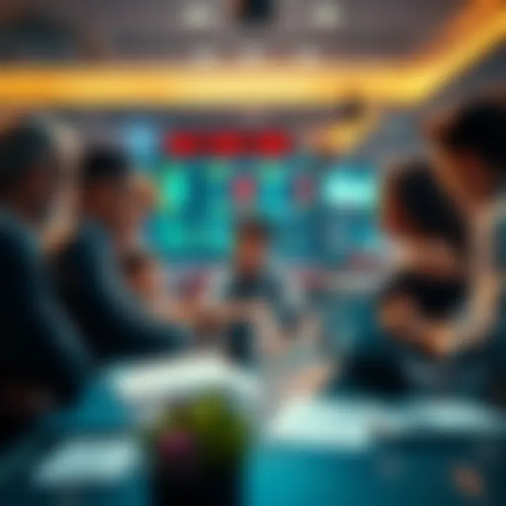 A diverse group of people engaged in a lively discussion about trading strategies and market analysis around a table with laptops and notes