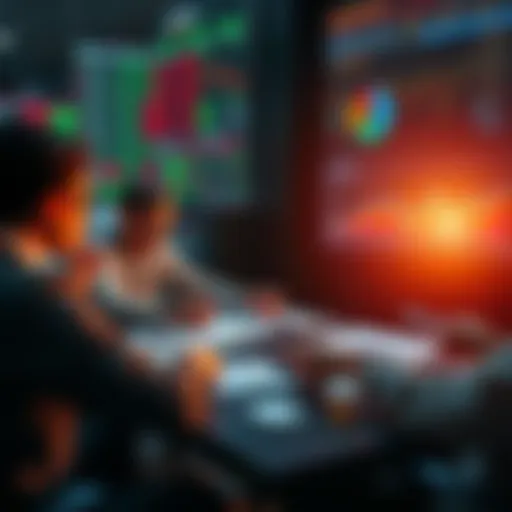 A group of people engaging in a lively discussion about trading strategies and daily events, with charts and notes spread out on a table.