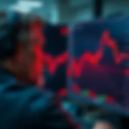 A disappointed person staring at a screen showing falling cryptocurrency charts and red financial indicators