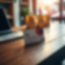 A disposable card placed on a wooden table with a laptop and shopping items nearby, illustrating online purchasing anonymity.