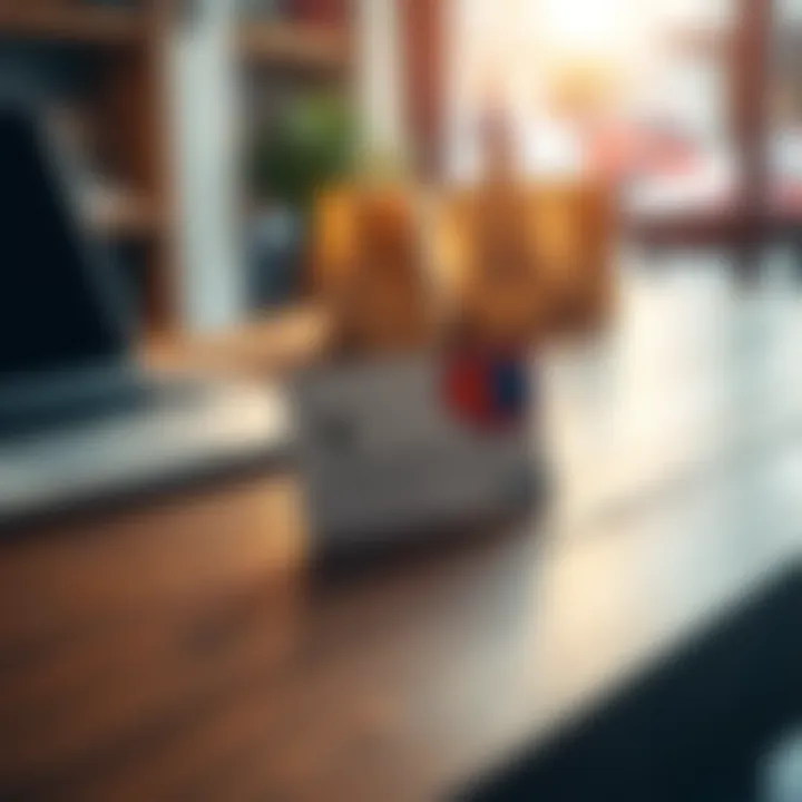 A disposable card placed on a wooden table with a laptop and shopping items nearby, illustrating online purchasing anonymity.