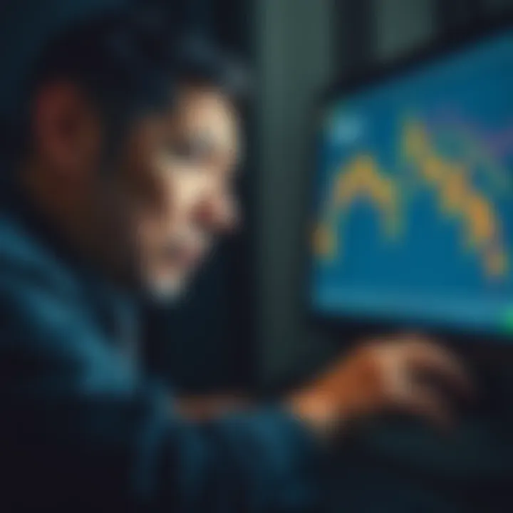 A worried investor gazing at a computer screen showing a declining cryptocurrency graph with a look of despair