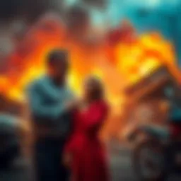 Disturbing Ad Scene A CEO awkwardly interacting with a woman while Derek enthusiastically watches, amidst a backdrop of property destruction.