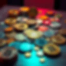 Various cryptocurrency coins spread out on a table, symbolizing investment diversity during altseason.
