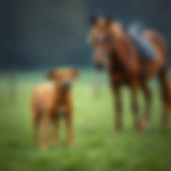 A friendly dog standing near a horse in a green field, showcasing their interaction outdoors.