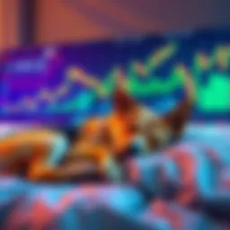 Dog lying on a bed with cryptocurrency graphs in the background A dog peacefully sleeping on a bed with charts showing Doge's market trends in the background
