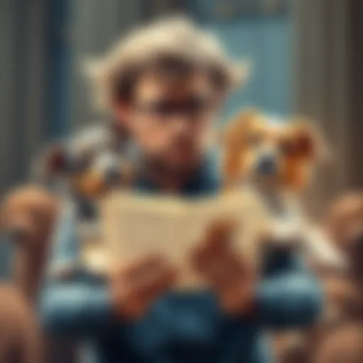 Mike holds a card design featuring his dogs, Cosmo and Wanda, looking frustrated with a stack of rejection letters.