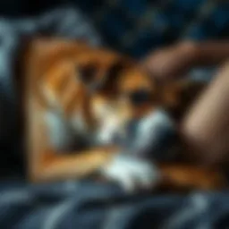 A comforting scene of a dog named Tails Vosk lying beside their owner, showing a deep bond of love and companionship