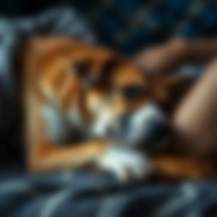 A loyal dog resting with a person A comforting scene of a dog named Tails Vosk lying beside their owner, showing a deep bond of love and companionship