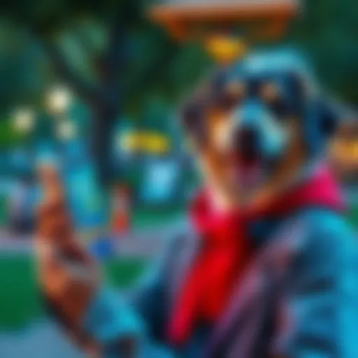 Dog owner using ScoopUp app A dog owner smiles while holding a smartphone with the ScoopUp app open, ready to earn tokens by picking up after their pet in a park