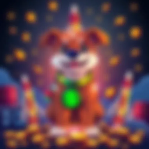 Dog-themed token promotion A colorful illustration featuring a cartoon dog with a dollar sign collar, surrounded by coins and rockets, representing the $SUS token on Solana