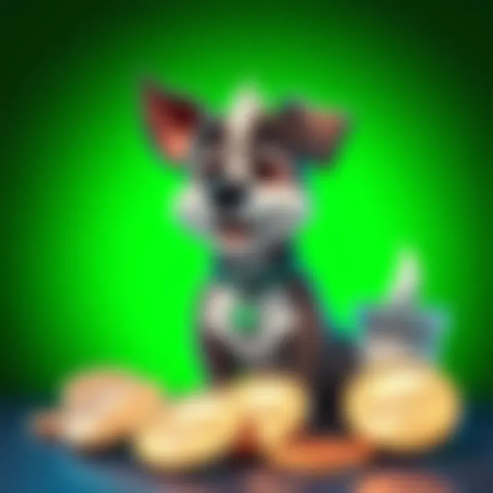 A cartoon dog with a green background, symbolizing sustainability and raw milk culture, alongside coins labeled RAWW.