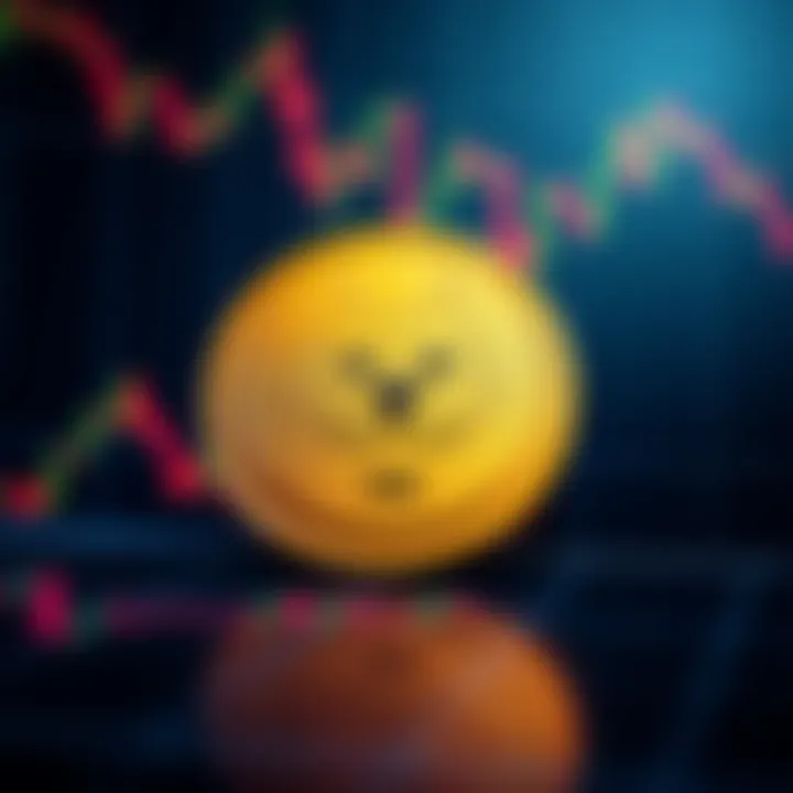 A Doge coin symbol against a background of fluctuating price graphs, representing stability in the crypto market.