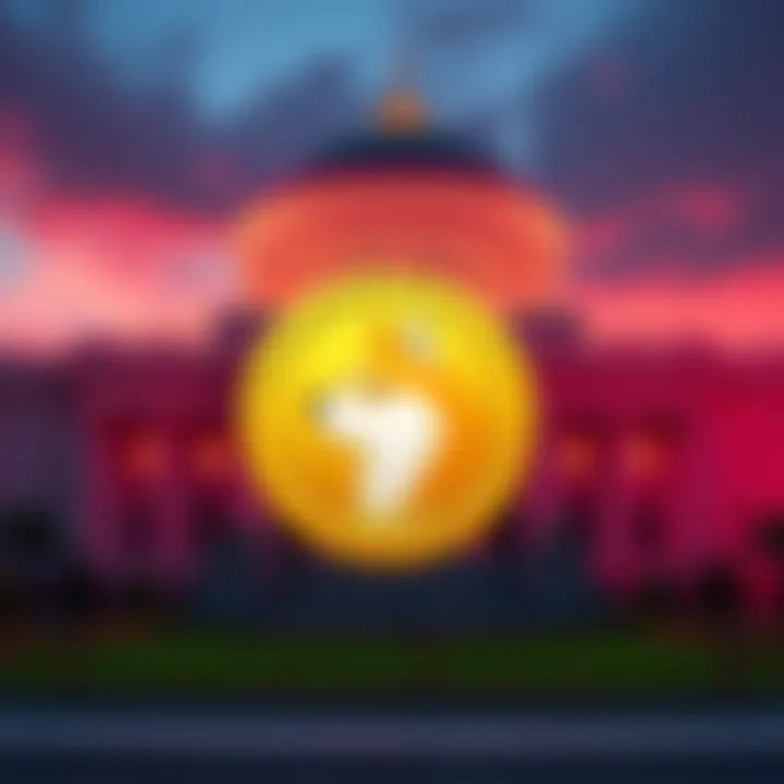 A government building with a DOGE coin symbol in front, representing the approval of DOGE as a government cryptocurrency.