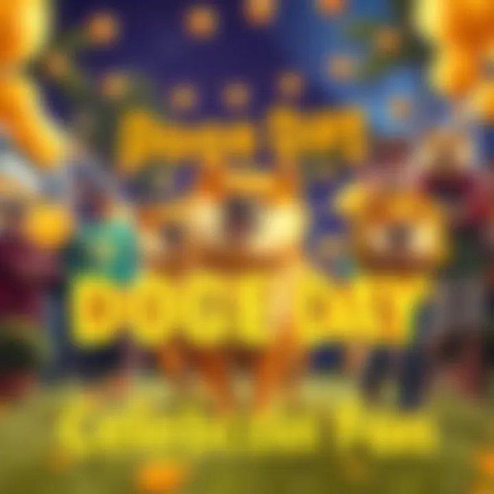 A group of people celebrating Doge Day with Dogecoin-themed apparel and decorations in a lively outdoor setting.