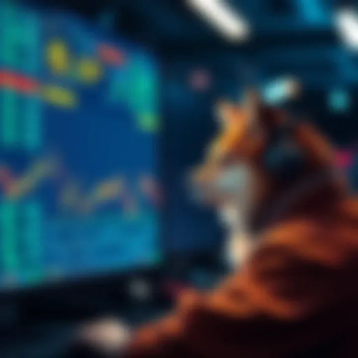 A trader looks at a computer screen displaying low trading volumes for Doge ETF, with dogecoin graphics in the background.