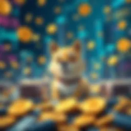 A cartoon dog representing Doge Coin surrounded by coins and cryptocurrency symbols, showing loyalty but with a slow movement