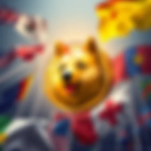 A golden Doge coin representing the new global currency, surrounded by flags from various countries, with one flag being changed to Shibeland.