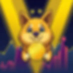A cartoon dog with a gold coin featuring Doge's face, surrounded by graphs showing rising trends, symbolizing Doge's market success.