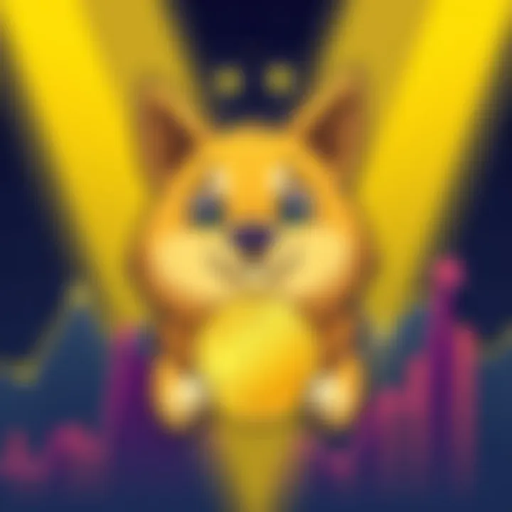 A cartoon dog with a gold coin featuring Doge's face, surrounded by graphs showing rising trends, symbolizing Doge's market success.