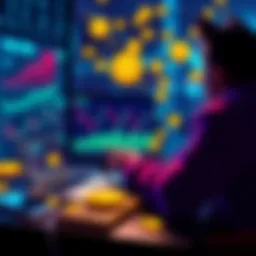 A person analyzing price charts on a laptop with Doge Coin symbols around them, considering investing.